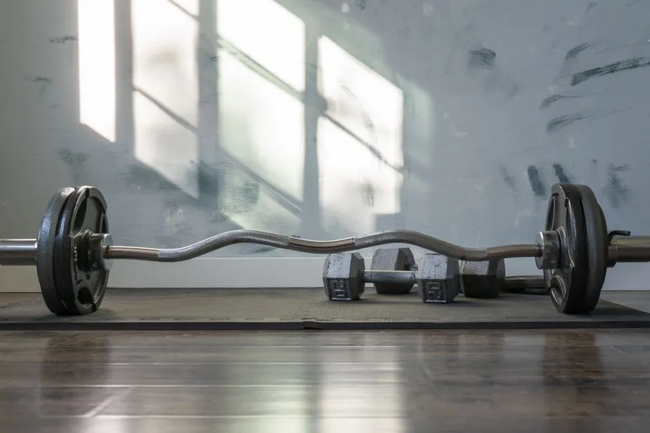 Illustrative photo of a barbell and dumbbells on a home gym mat
