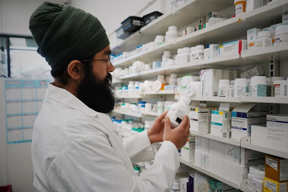 Illustrative photo of a pharmacist organizing shelves of medicine in a pharmacy